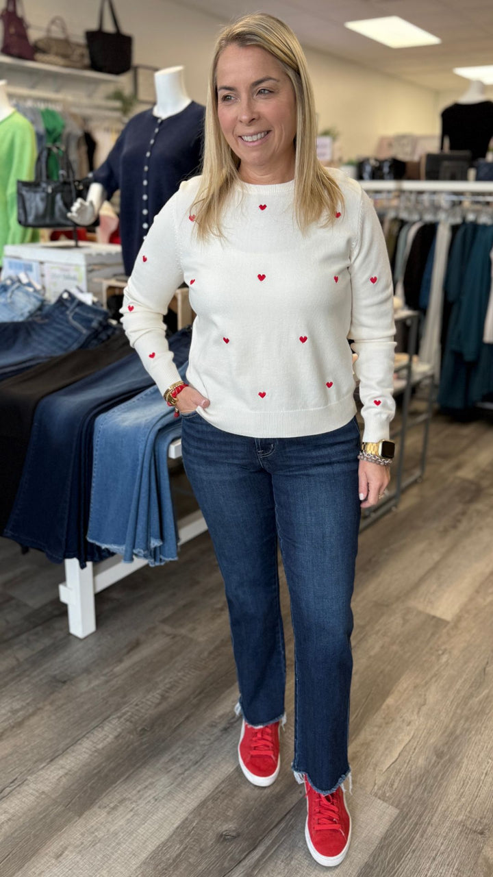 White And Red Heart Embroidery Sweater Top