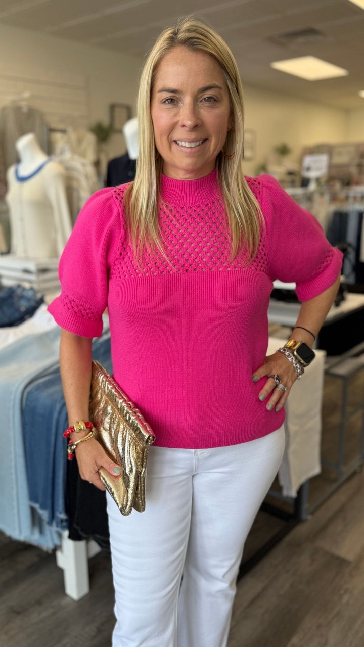 Magenta Pointelle Knit Puff Sleeve Top