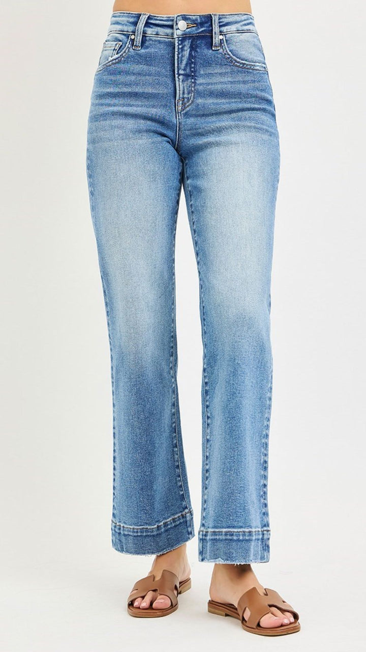 High Rise Light Wash Trouser Hem Straight Jeans