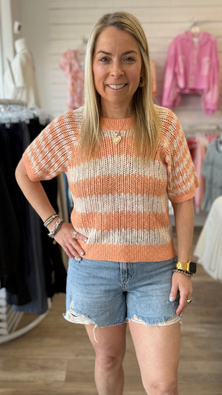 Short Sleeve Striped Knit Pullover Sweater