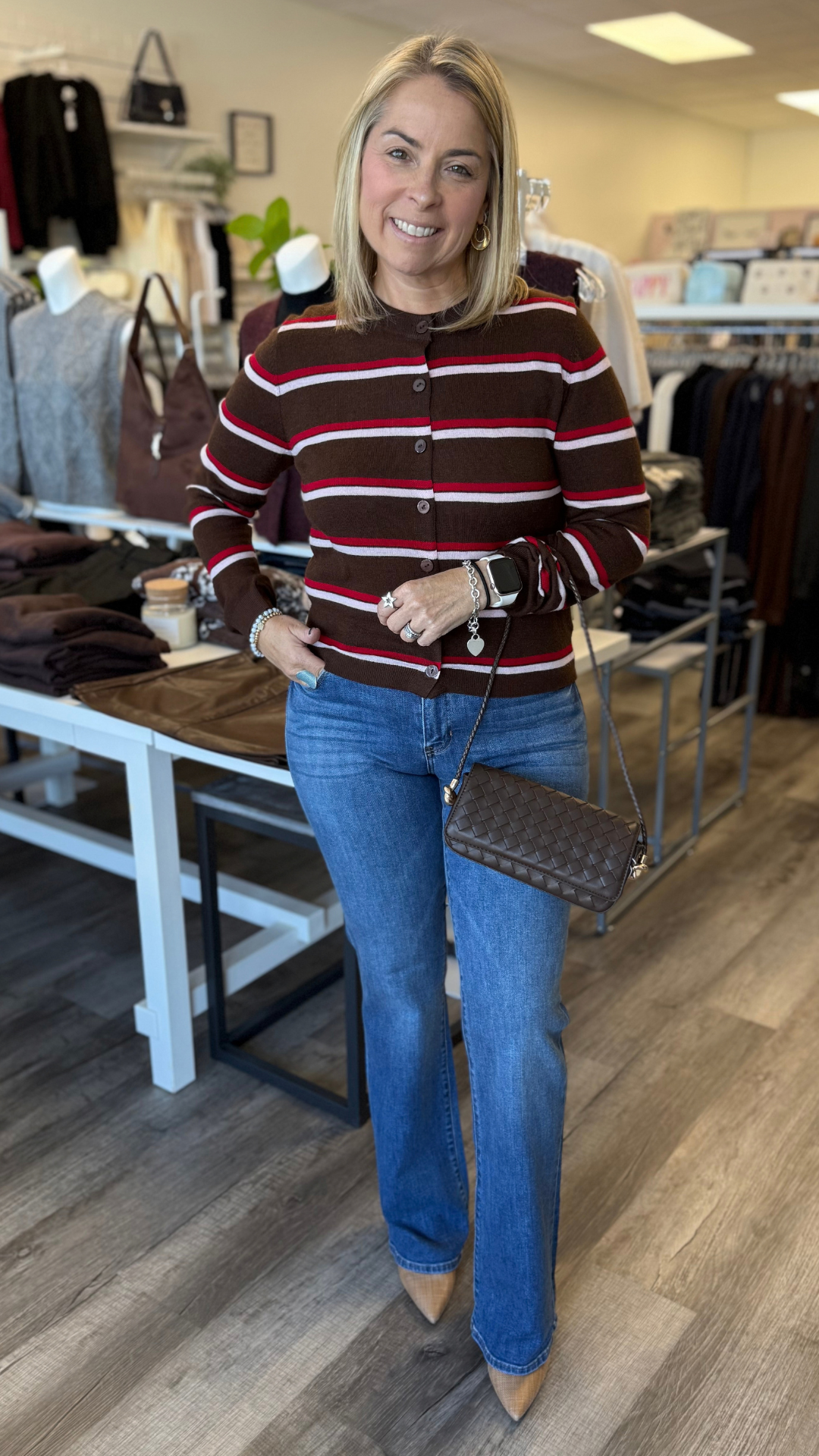 Brown Red And Pink Multi Stripe Button Cardigan