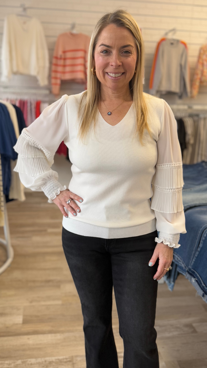 Chiffon Sleeves V Neck Sweater Top