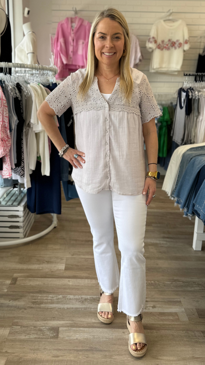 Dove Floral Eyelet Short Sleeve Button Down Blouse