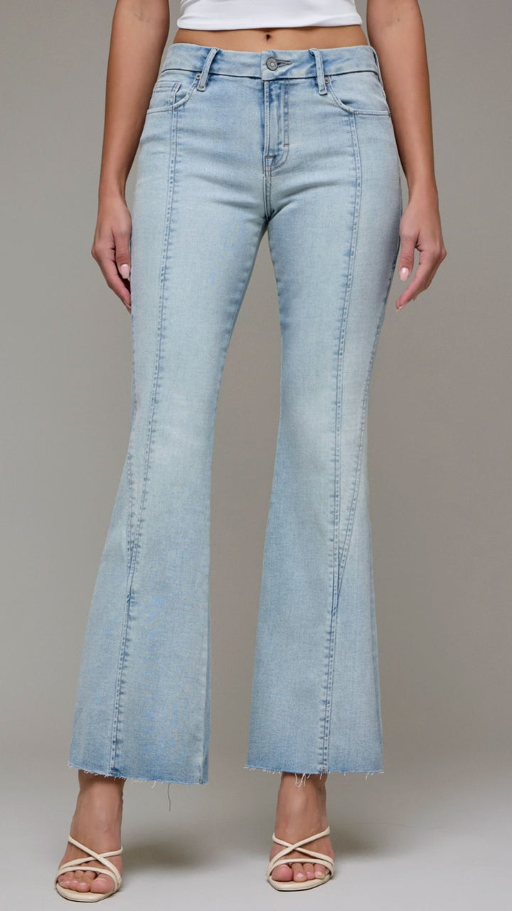 Mid Rise Vintage Wash Full Length Seam Detail Flare Jeans