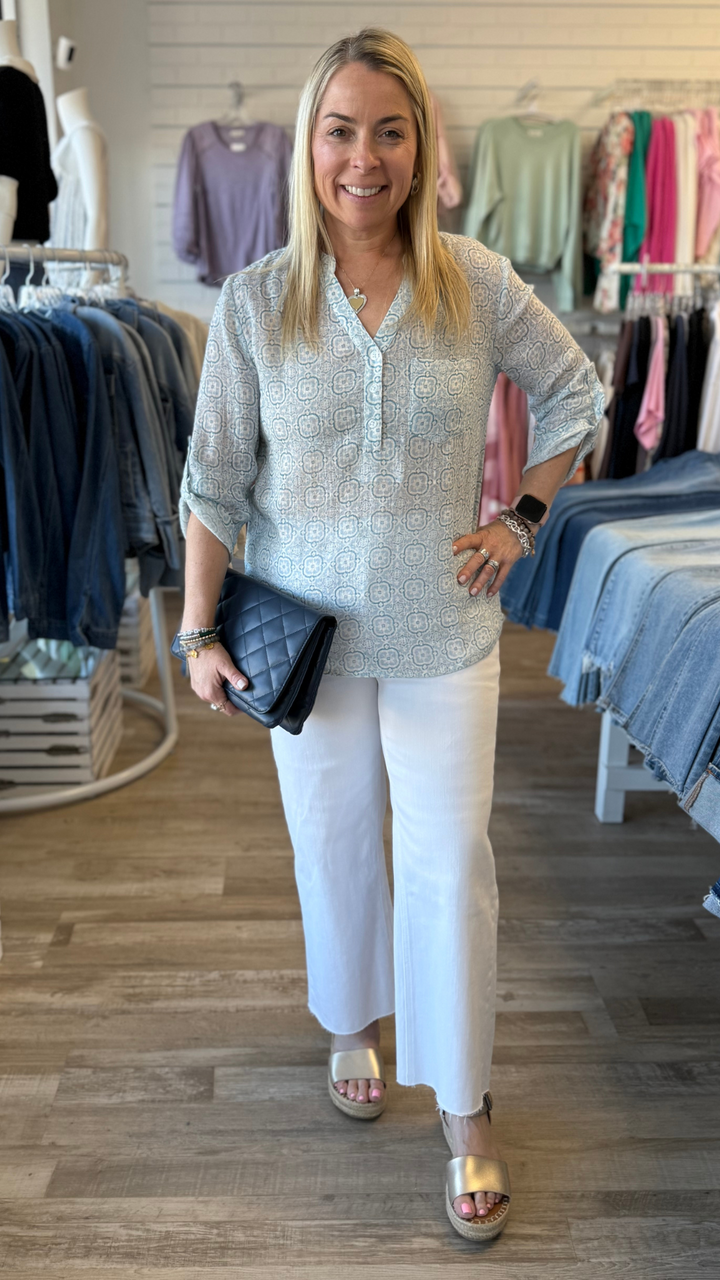 Printed Roll Up Sleeve Cotton Gauze Blouse