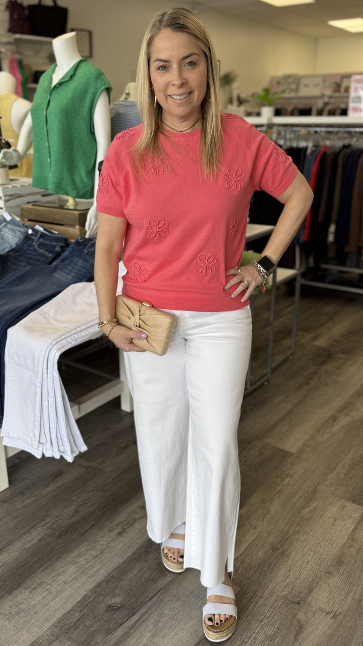 Sorbet Raglan Elbow Sleeve Flower Sweater