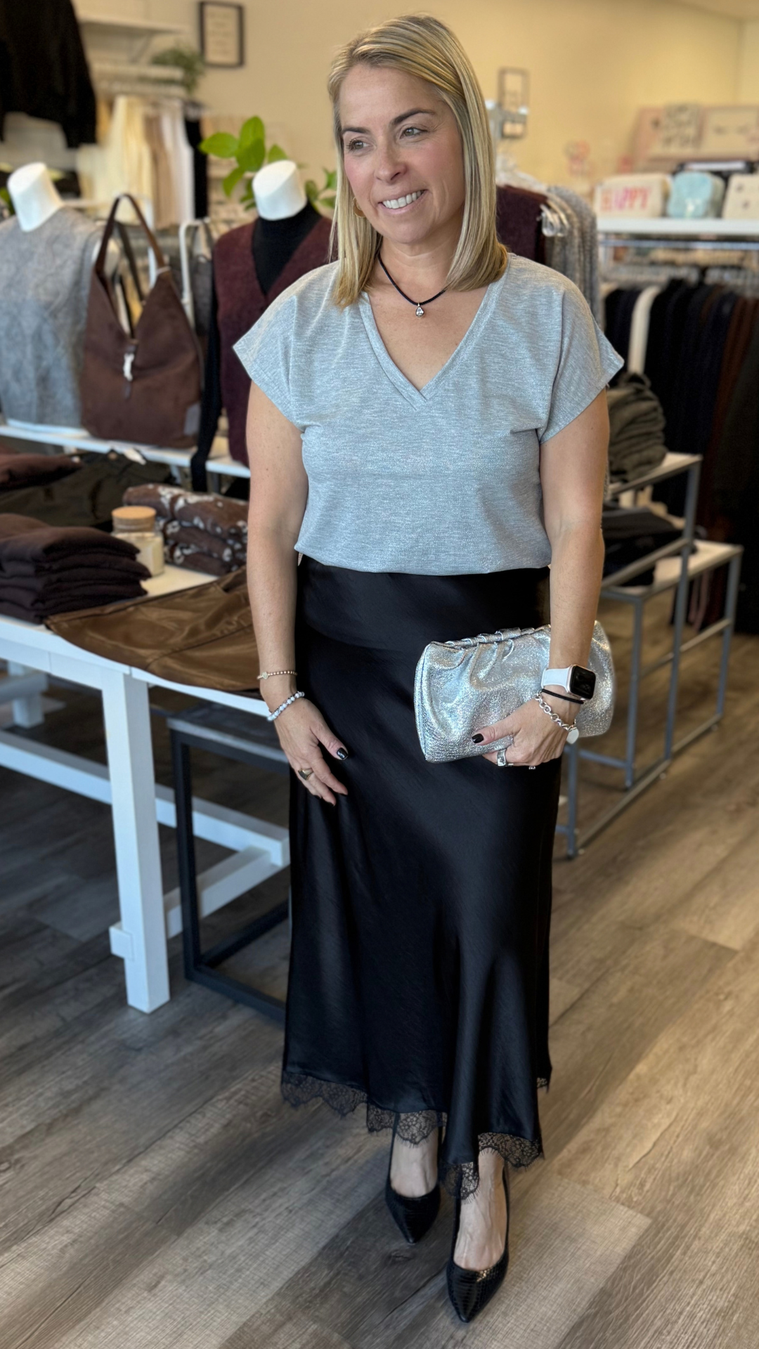 Silver Shiny V Neck Tee