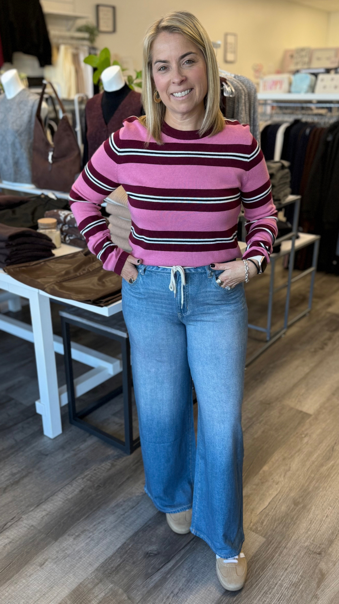Burgundy And Rose Stripe Knit Top