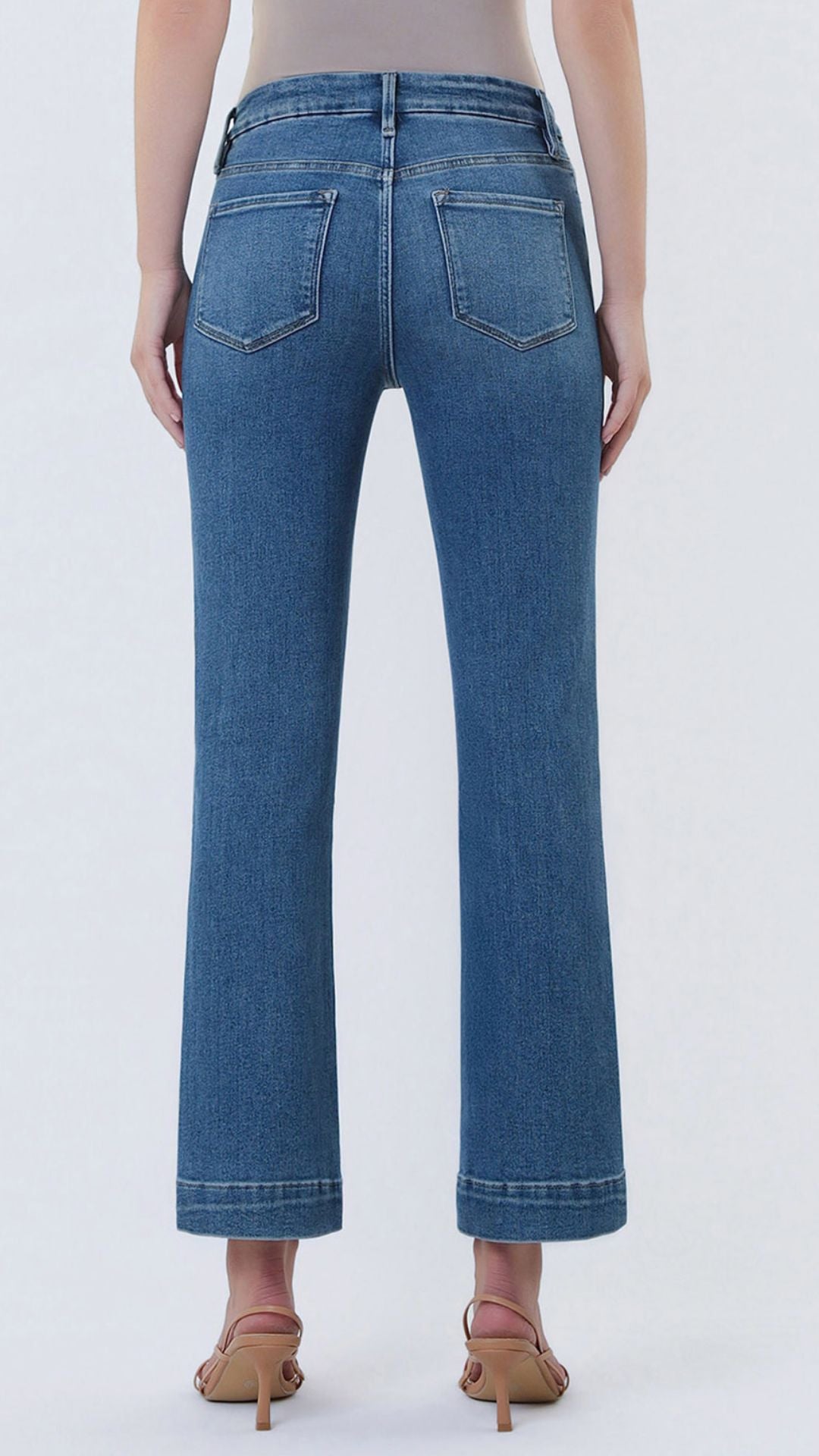 High Rise Medium Wash Seamless Waistband Trouser Hem Kick Flare Jeans