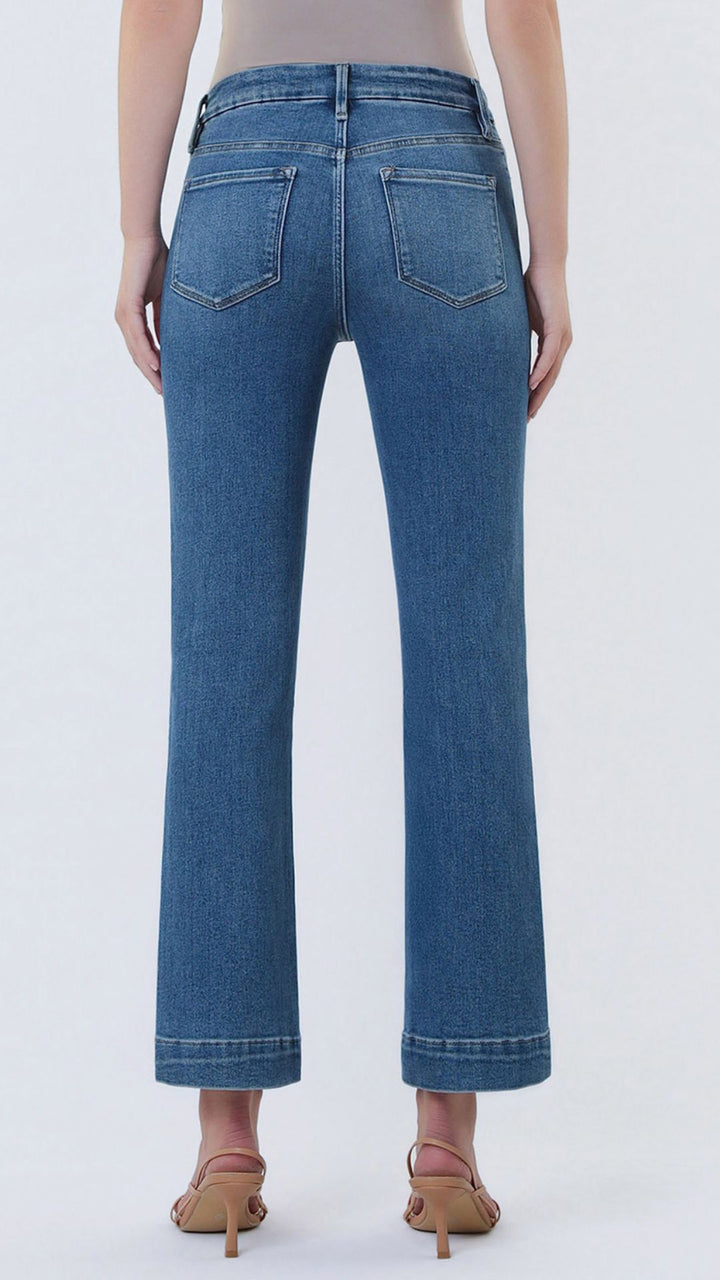 High Rise Medium Wash Seamless Waistband Trouser Hem Kick Flare Jeans