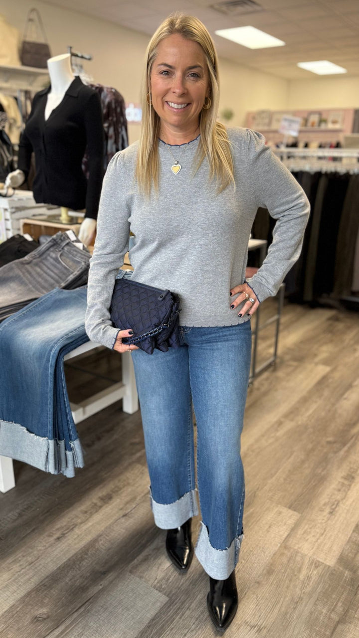 Heather Gray And Blue Contrast Knit Scalloped Edge Sweater