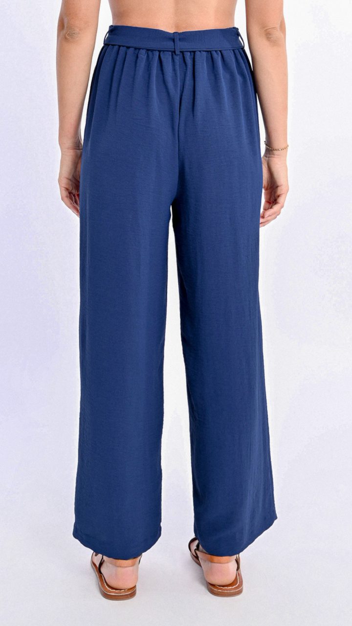 Navy Blue Woven Tie Front Pants