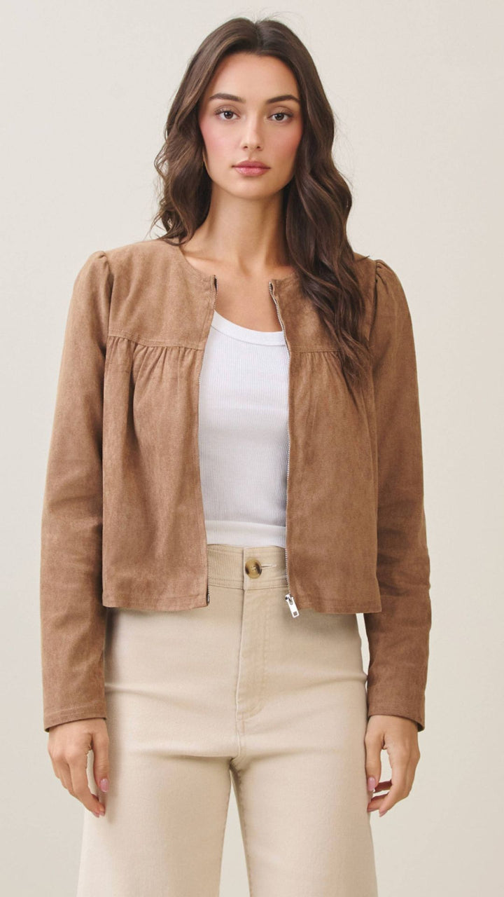 Mocha Shirred Vegan Suede Zip Up Jacket