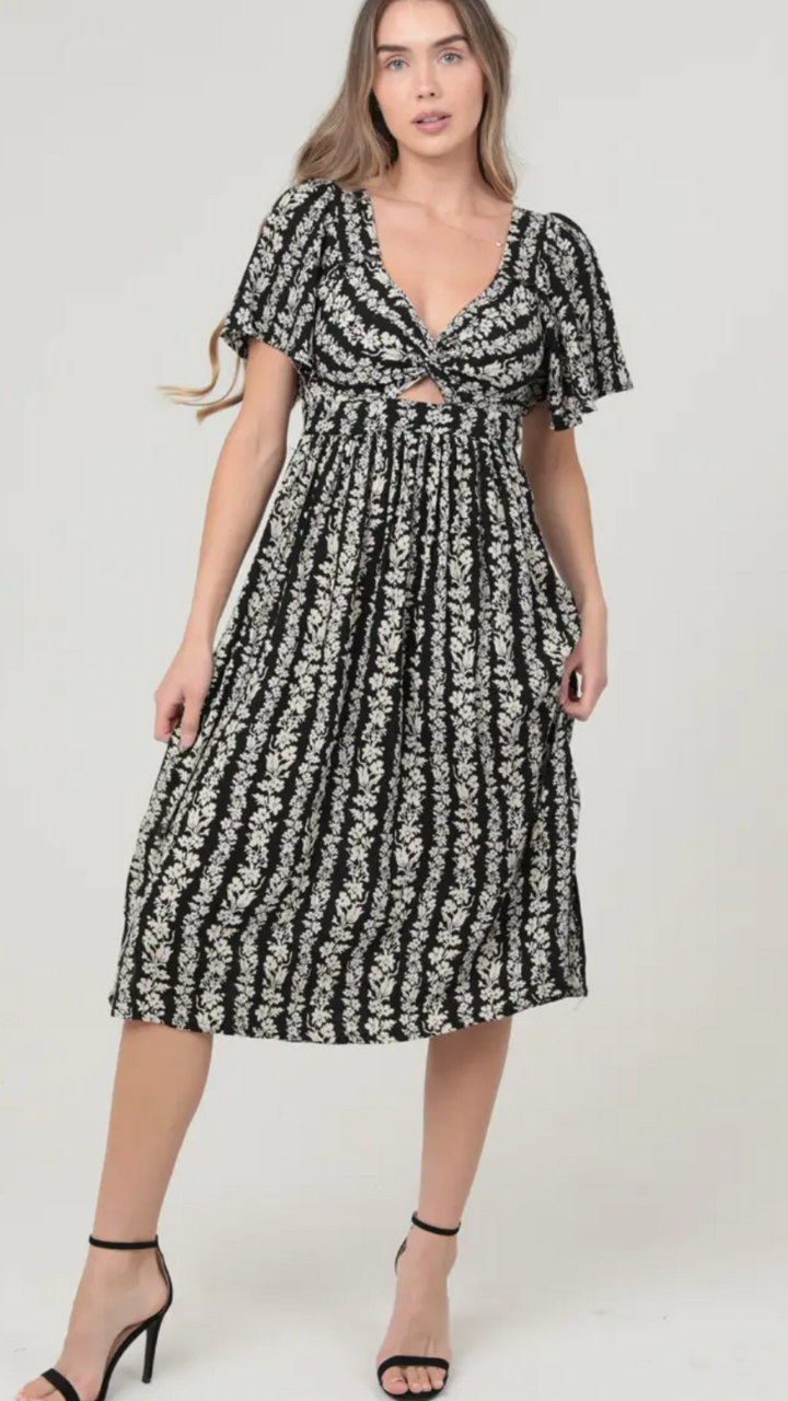 Flutter Sleeves V Neck Twist Front Midi Dress