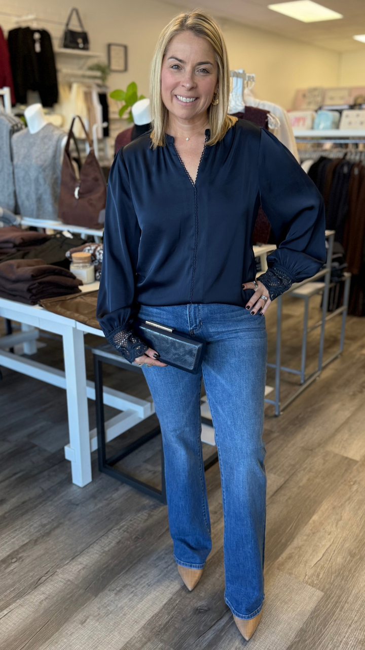 Navy Lace Trim Placket Detail Blouse