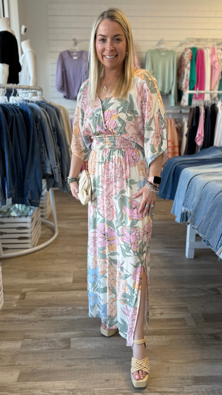 Dolman Sleeves Floral Maxi Dress With Side Slits