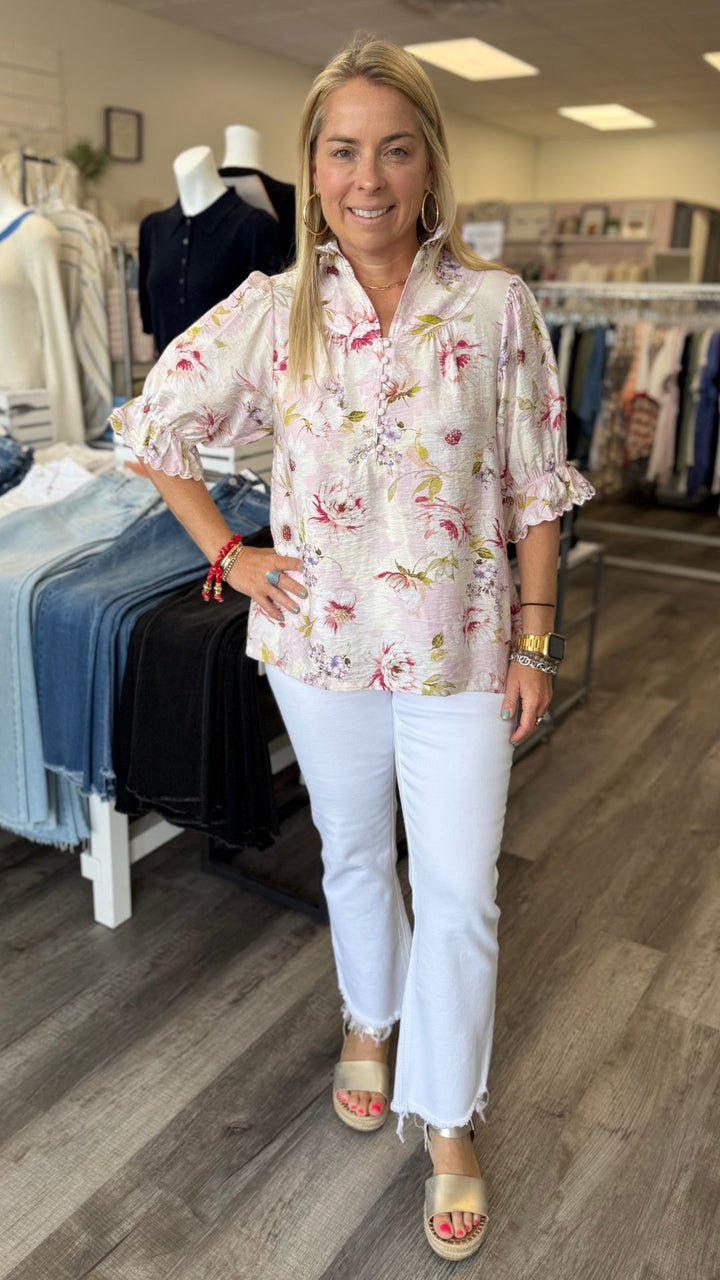 Ruffle Stand Collar Floral Blouse