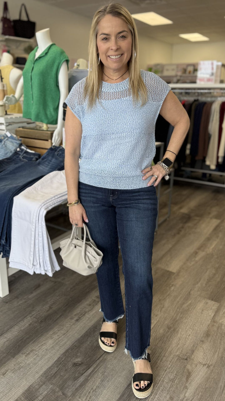 Blue Open Knit Short Sleeve Lurex Top