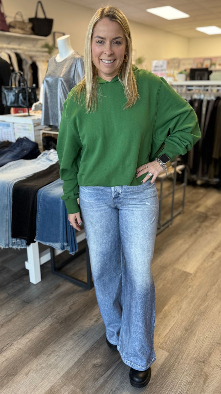 Green Bubble Hem Hoodie Sweatshirt