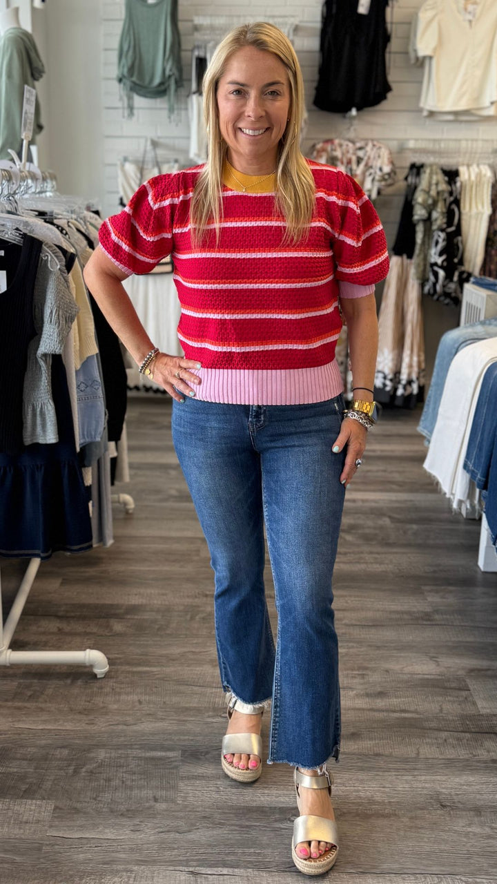 Textured Stripe Knit Crew Neck Short Sleeve Sweater