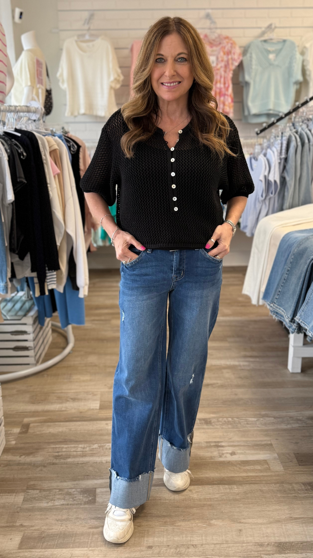 High Rise Dark Wash Cuffed Baggy Wide Leg Jeans