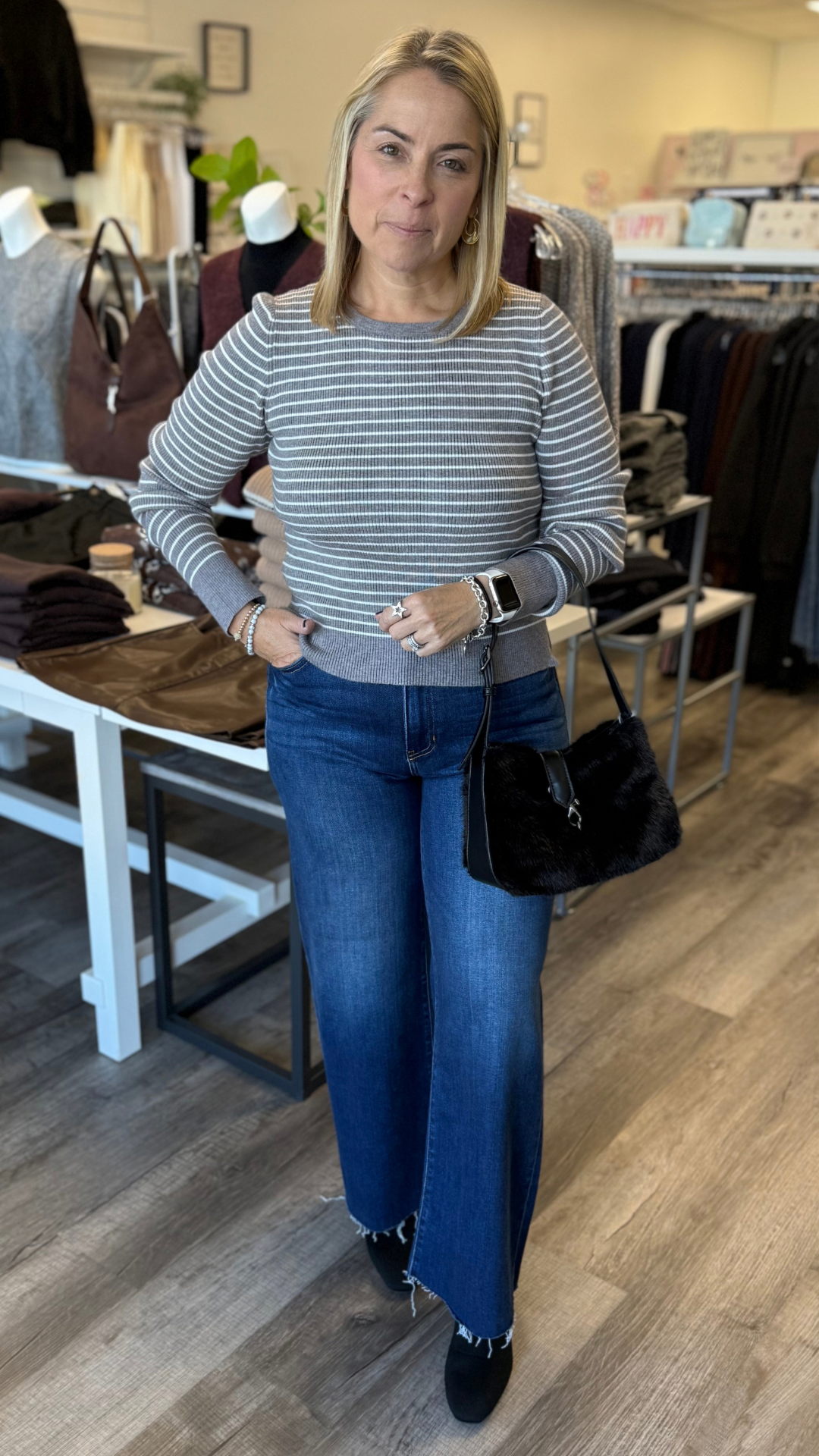 Heathery Grey Striped Knit Sweater