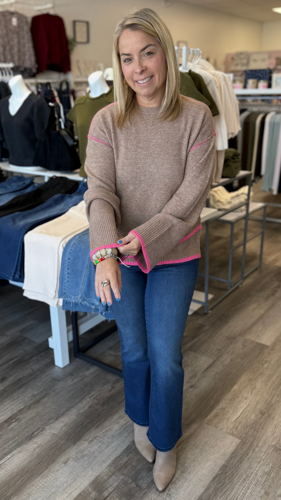 Camel Contrast Trim Crew Neck Sweater