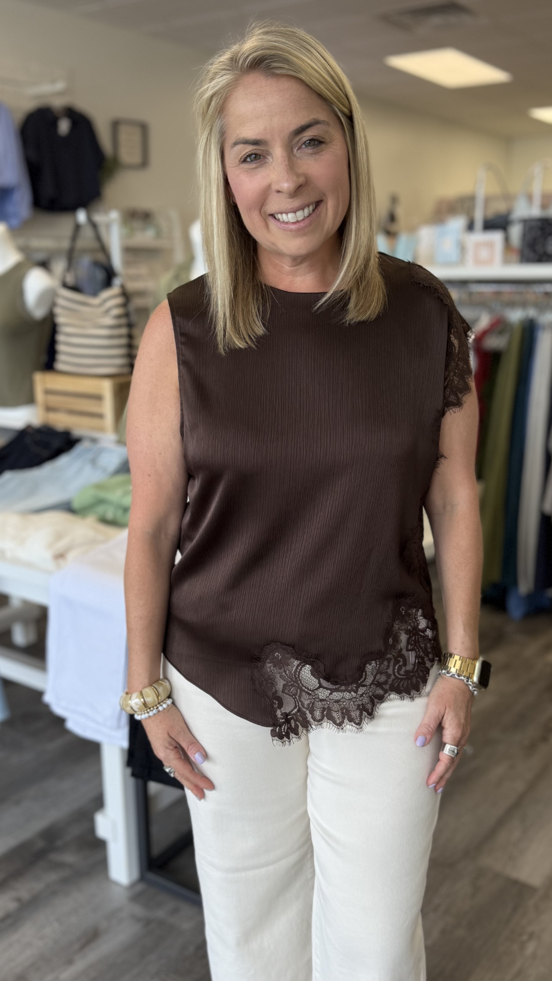 Sleeveless Lace Trim Asymmetrical Top