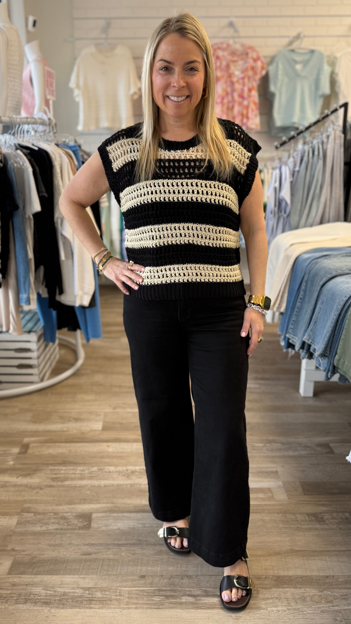 Black Bisque Knit Sweater Striped Top