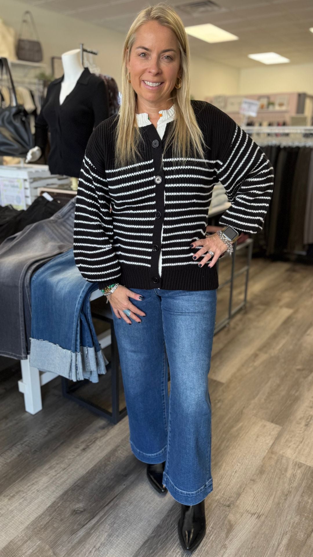 Black And Cream Stripe Balloon Sleeve Cardigan