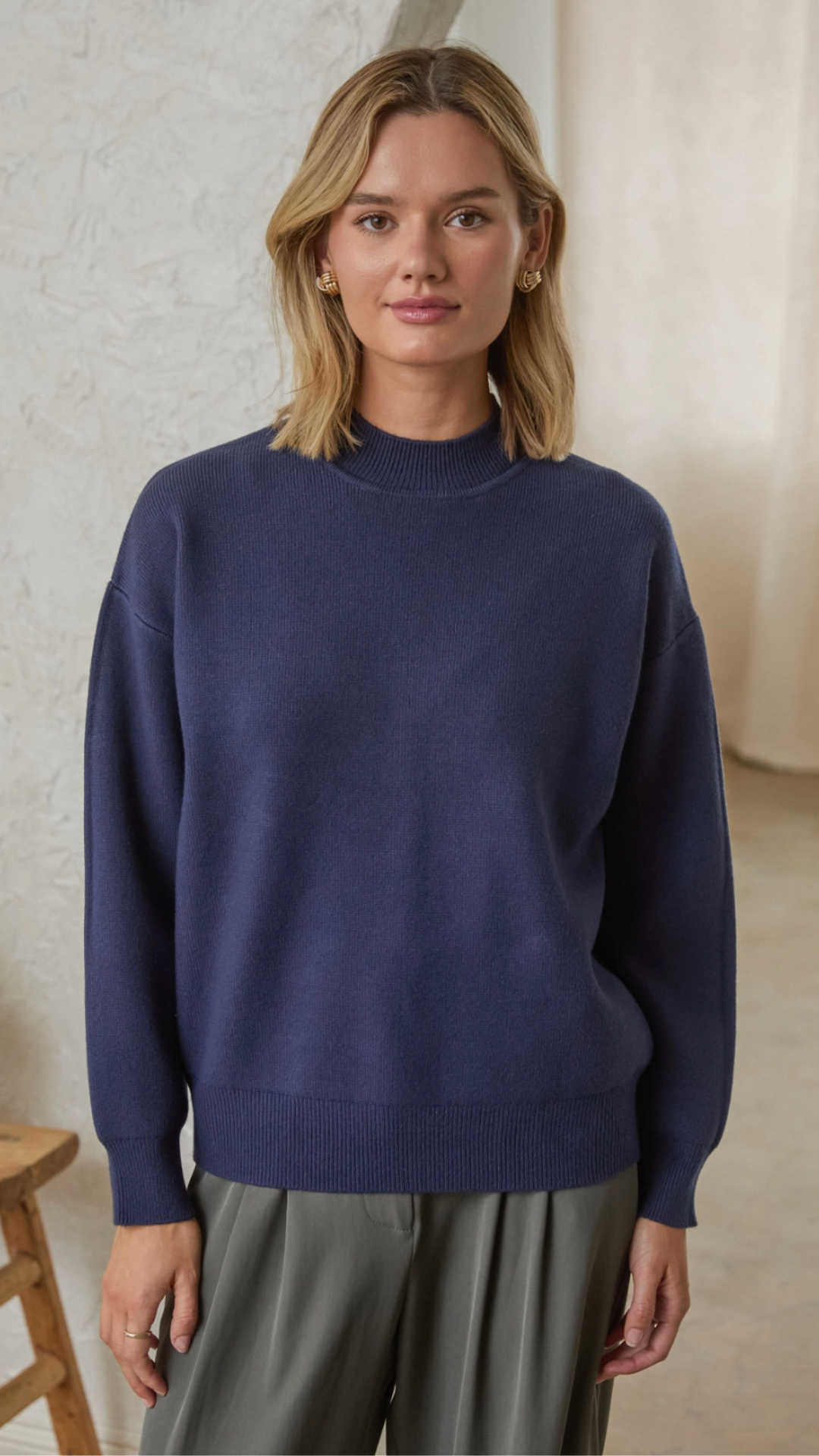 Navy Mock Neck Knit Sweater
