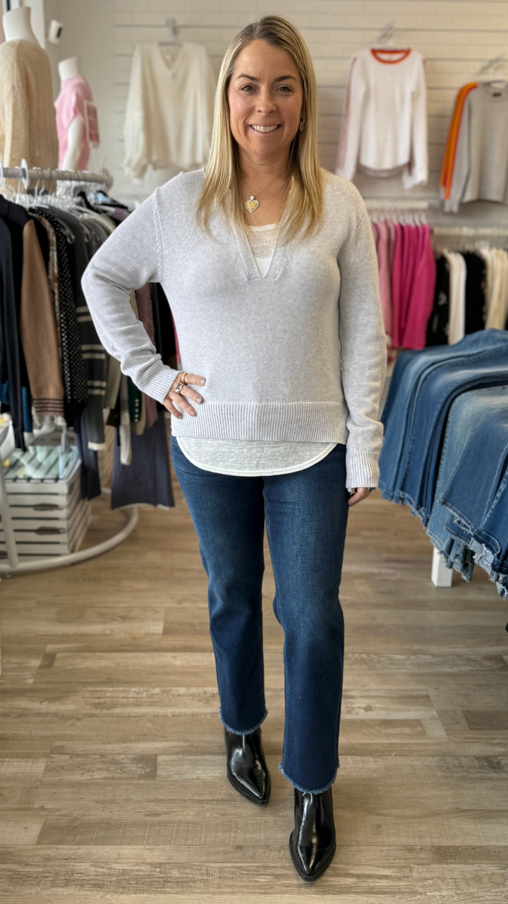 High Rise Dark Wash Frayed Bottom Straight Jeans