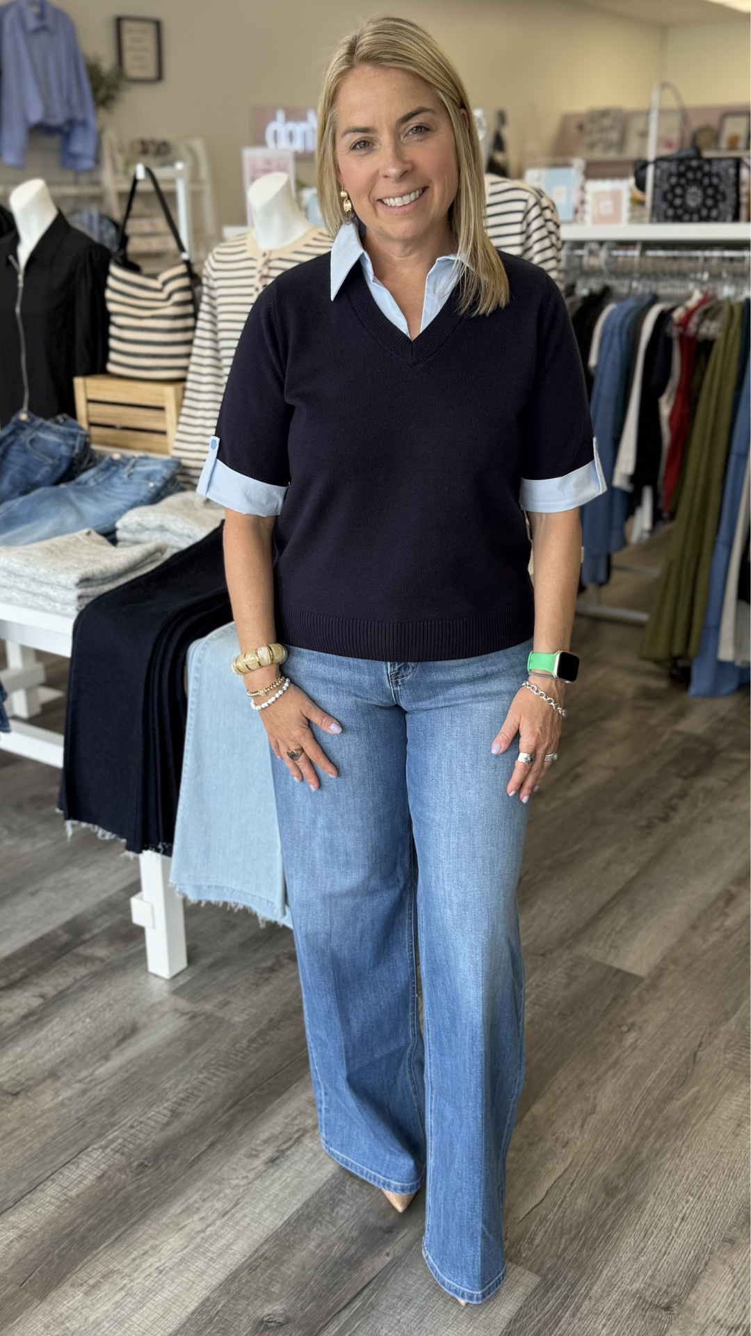 Navy Layered Look Short Sleeve Sweater Top