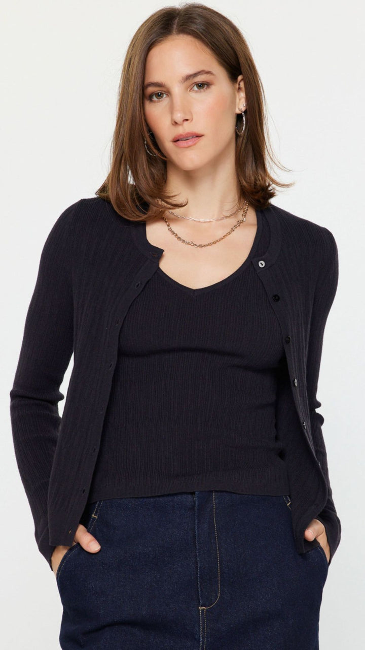 Black Ribbed Cardigan With Tank Top Set