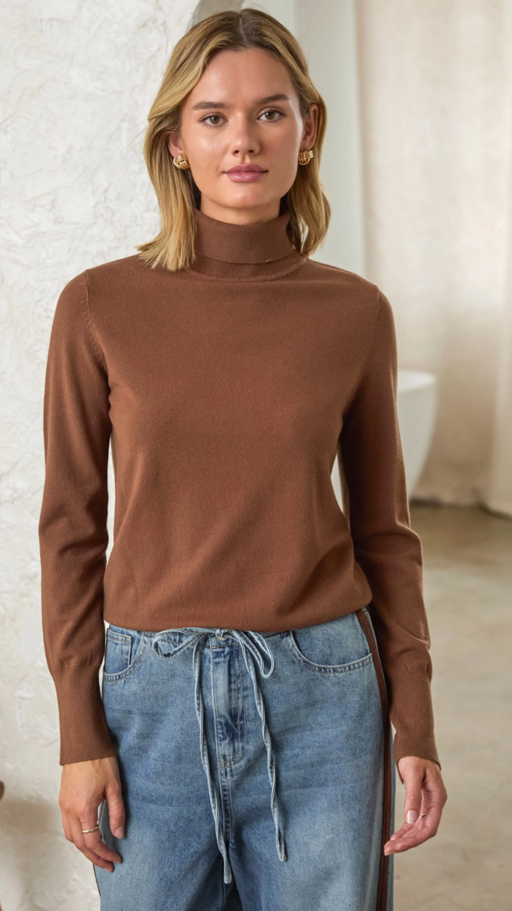 Brown Turtle Neck Buttoned Sleeve Sweater