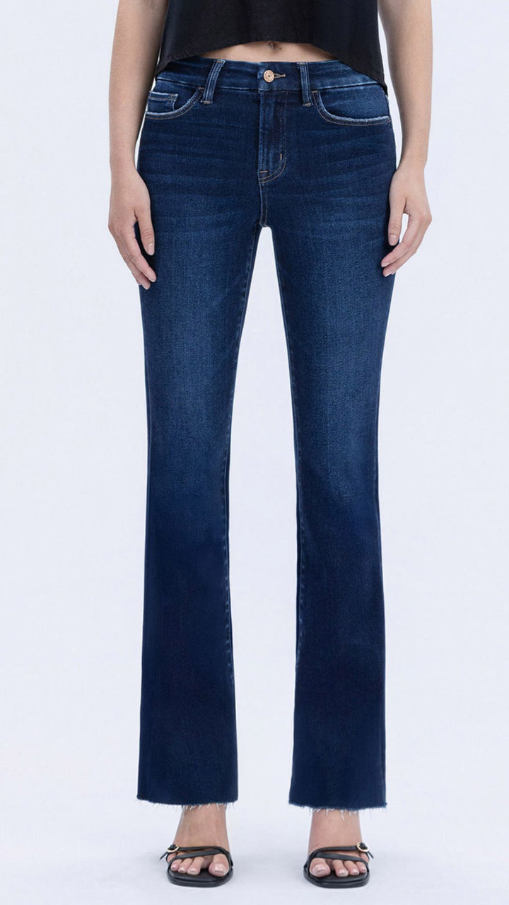 High Rise Dark Wash Full Length Seamless Waistband Raw Hem Bootcut Jeans