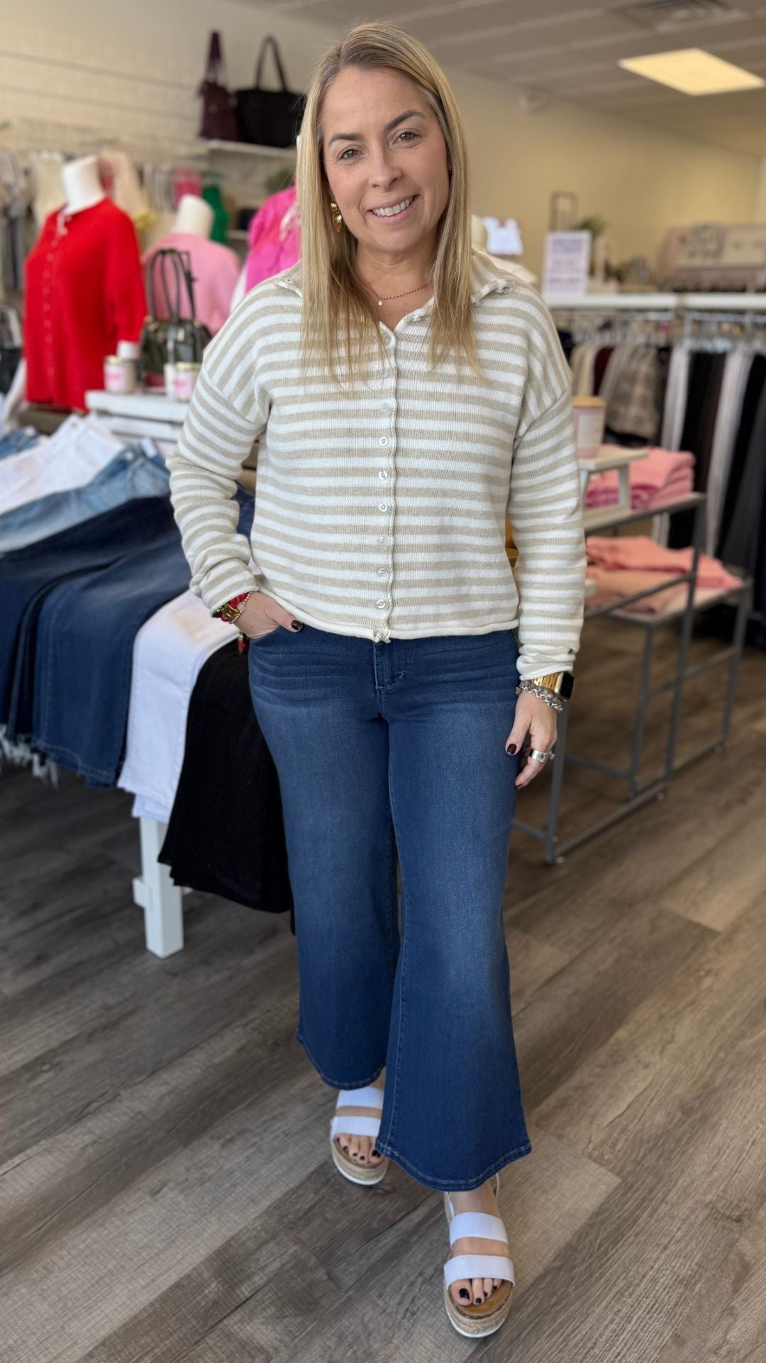 Oatmeal And White Striped Collar Knit Cardigan Sweater