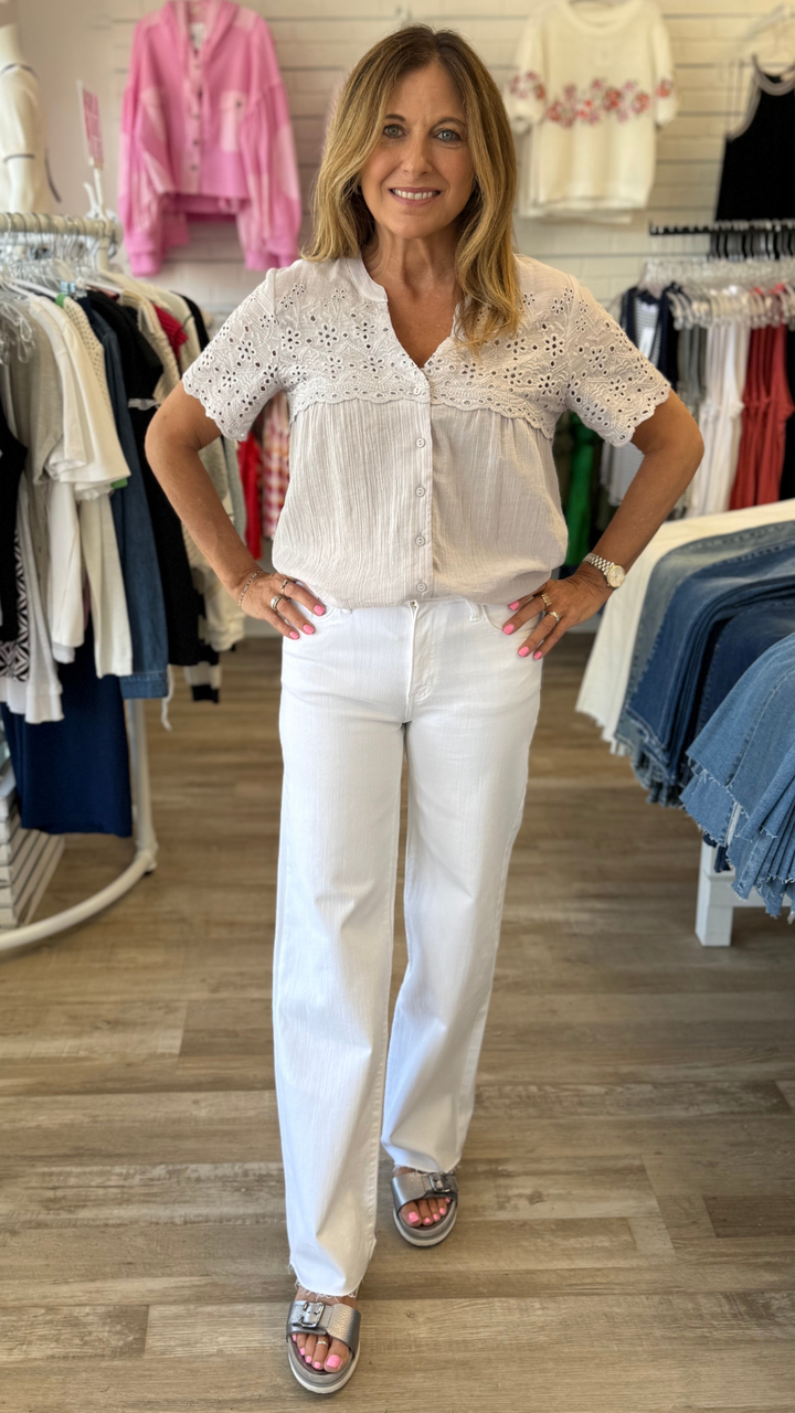Dove Floral Eyelet Short Sleeve Button Down Blouse