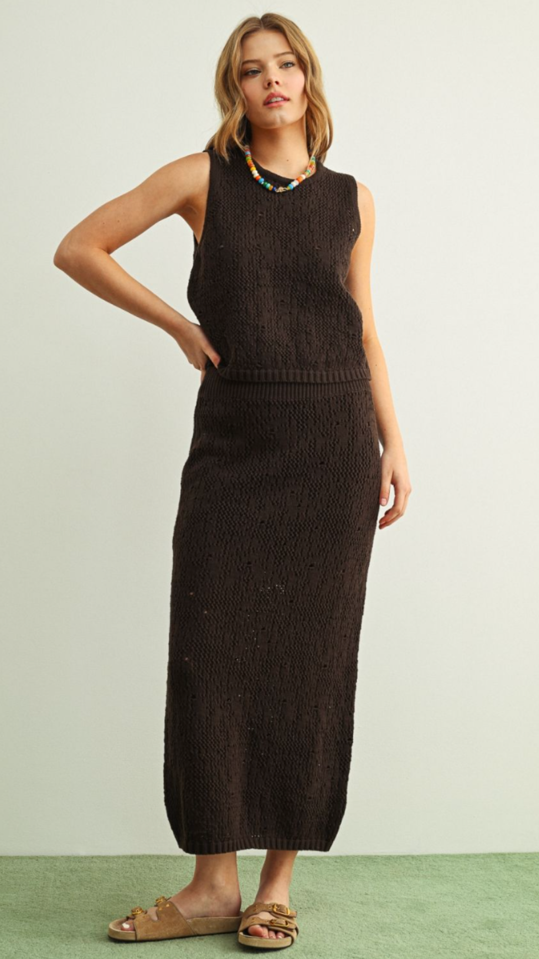 Chocolate Crochet Knit Top And Skirt Set
