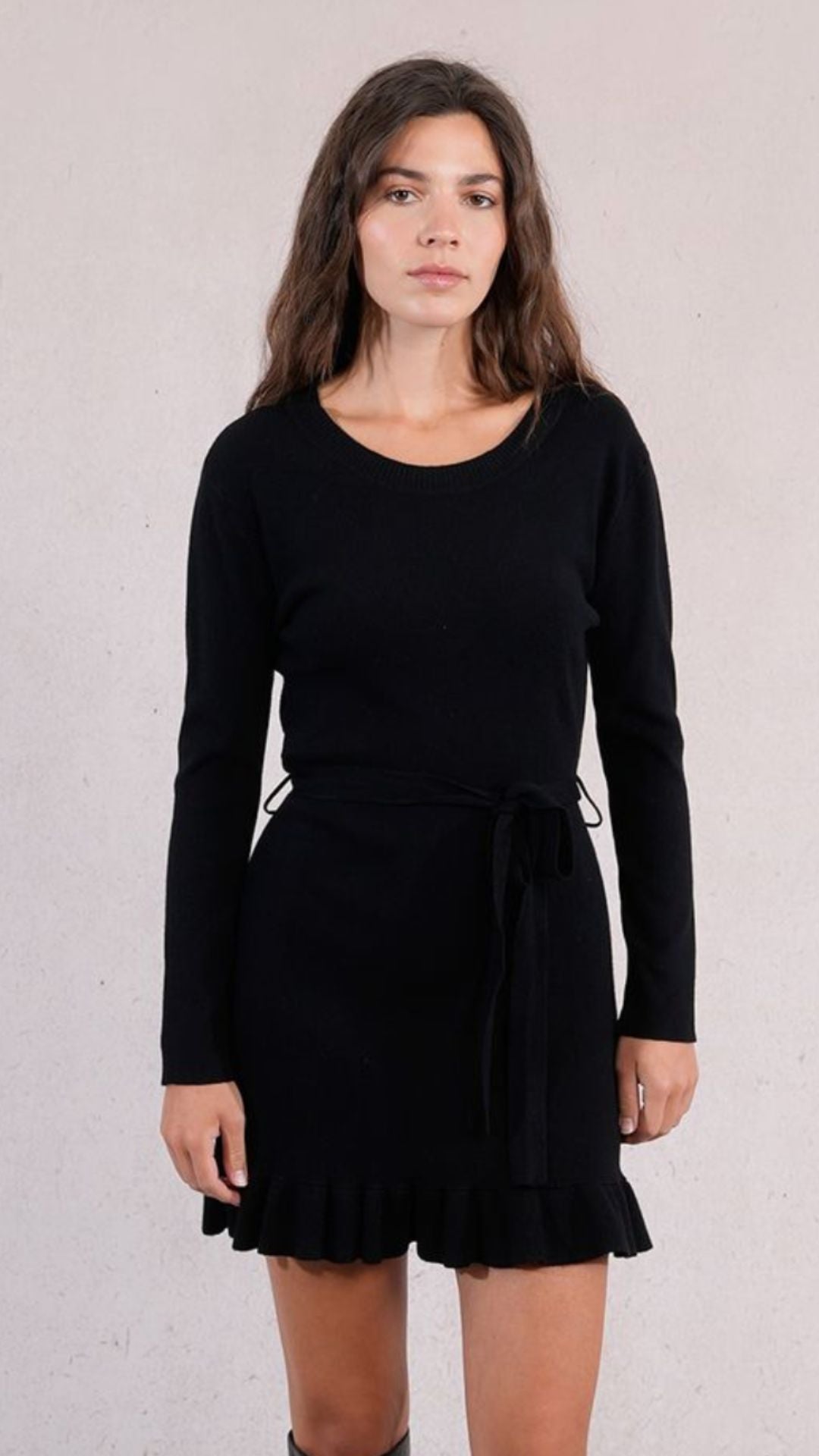Black Knit Sweater Dress With Tie