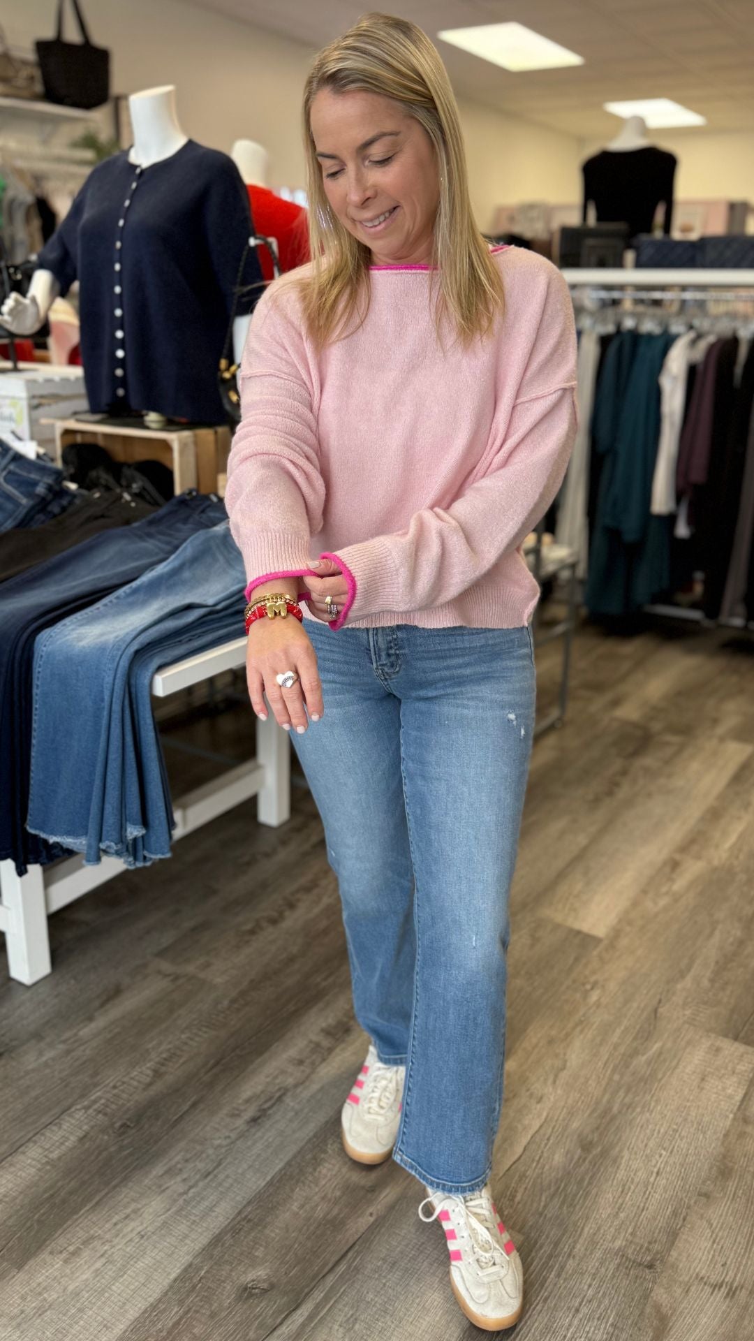 Light Pink Pullover Sweater With Dark Pink Trim