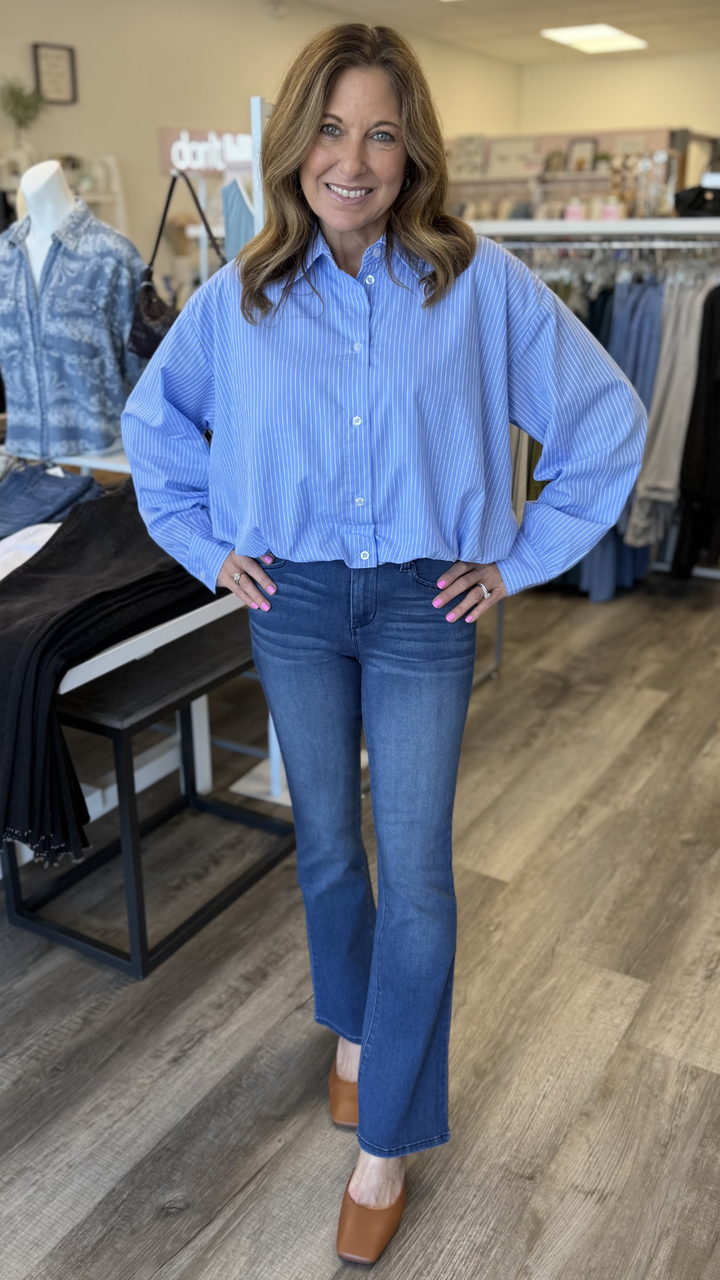 Striped Pattern Balloon Hem Buttondown Top