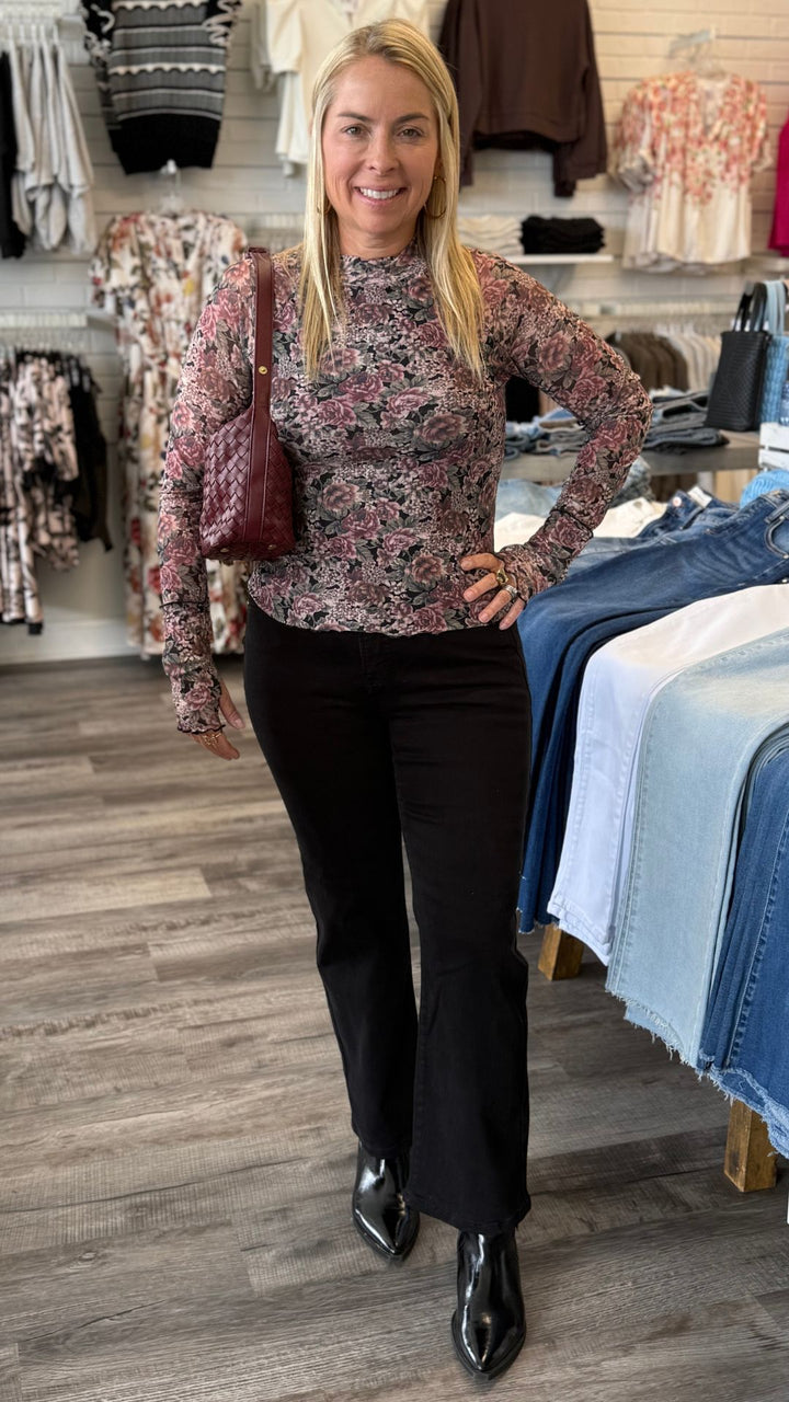 Black Floral Print Mesh Mock Neck Top