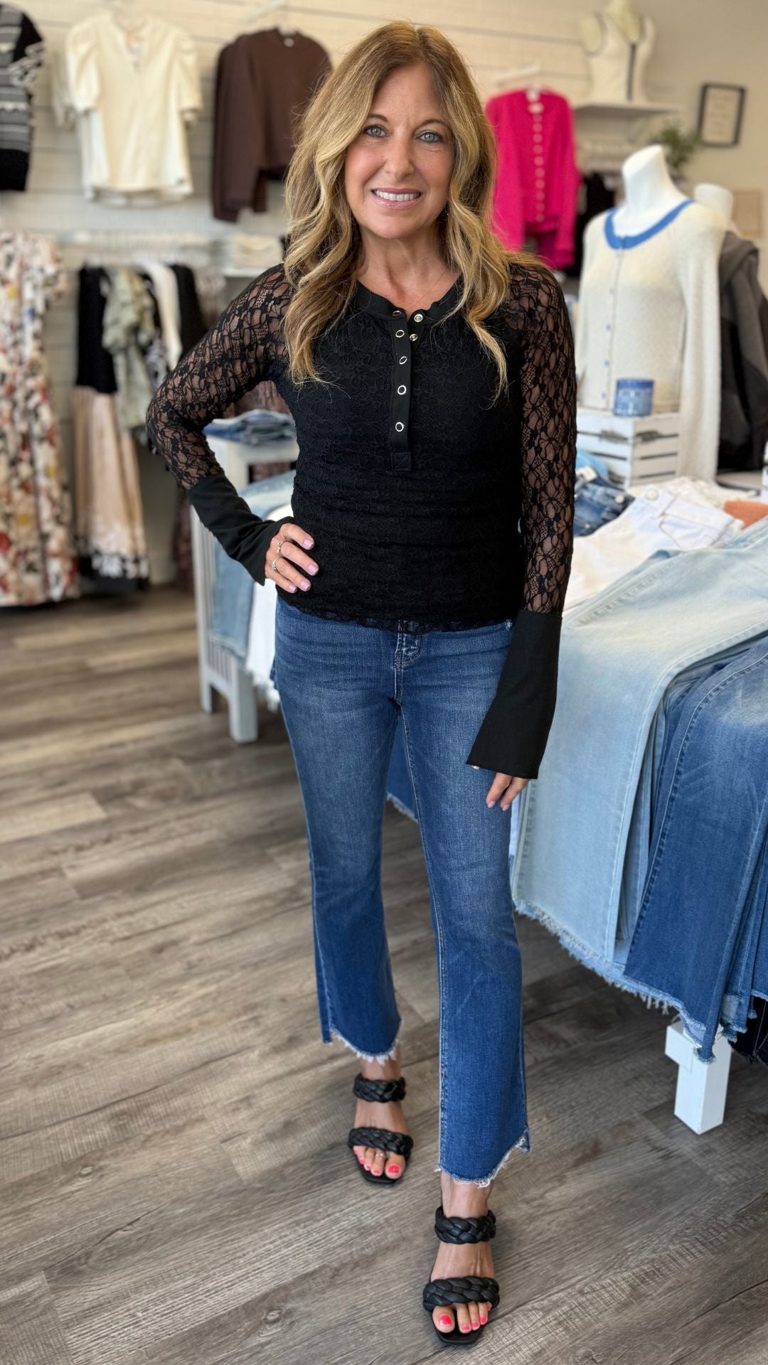 Floral Lace Raglan Sleeve Henley Top