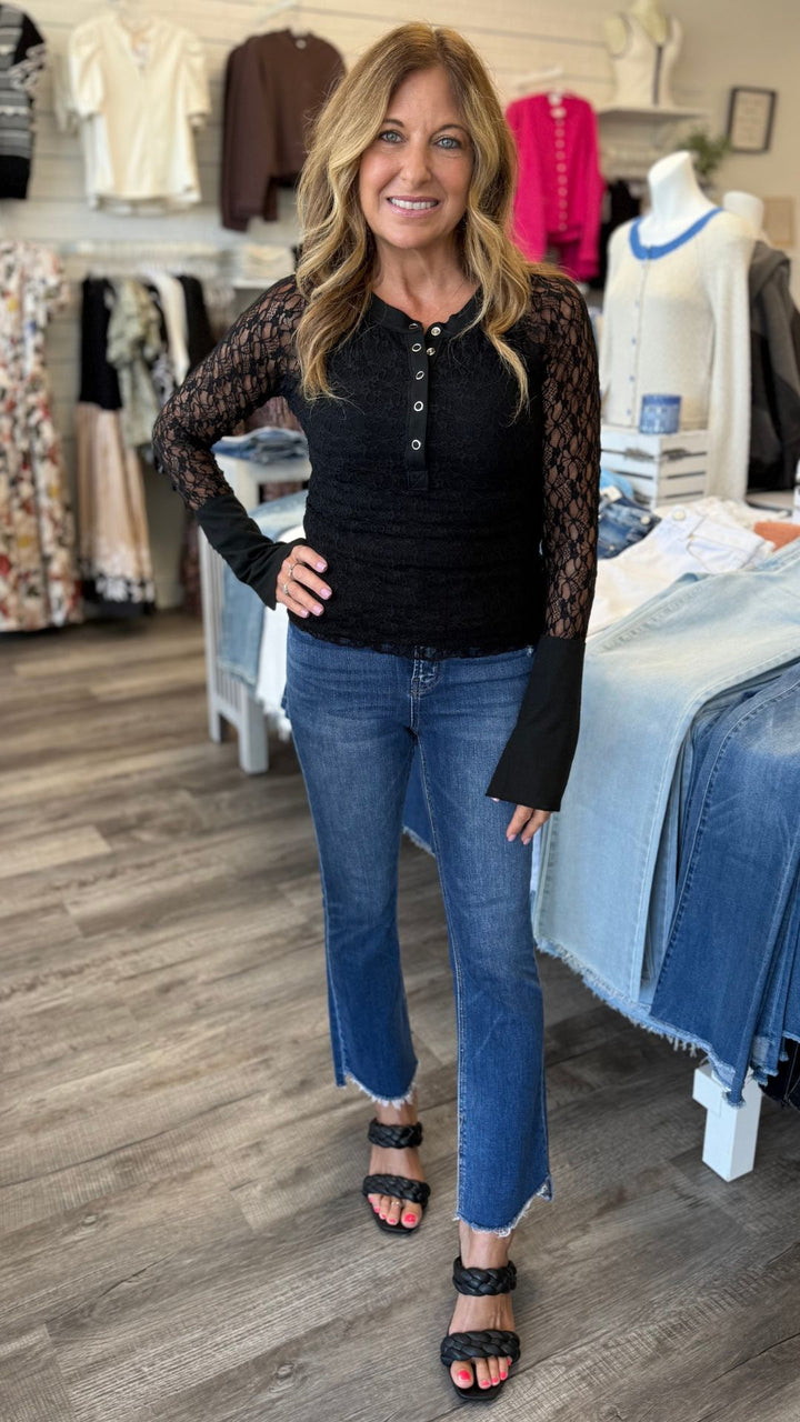 Floral Lace Raglan Sleeve Henley Top