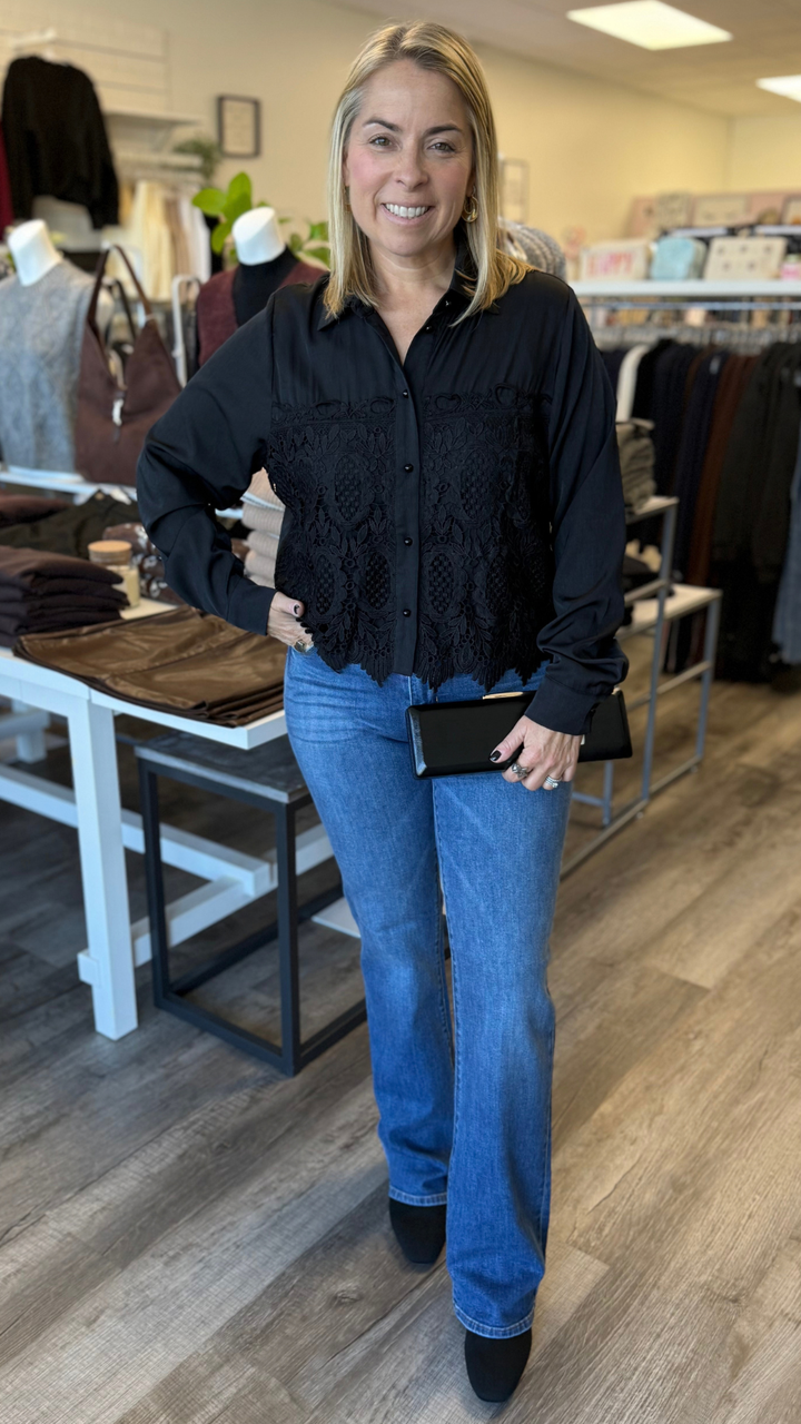 Black Lace Detail Long Sleeve Top
