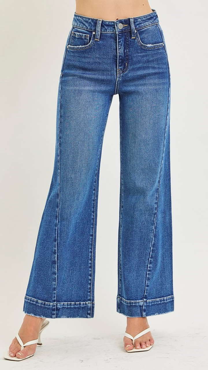 High Rise Dark Wash Tummy Control Wide Leg Full Length Jeans