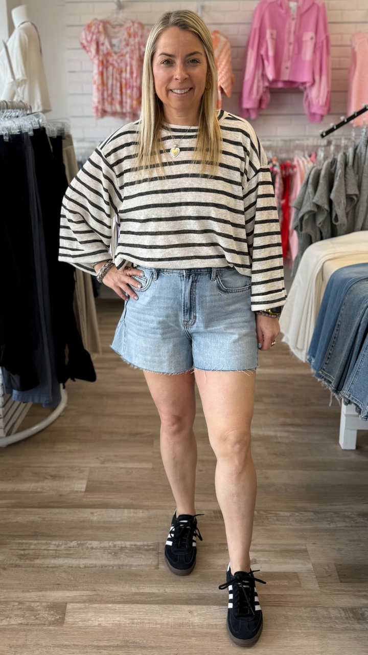 AVA High Rise Medium Wash Side Insert A-Line Shorts