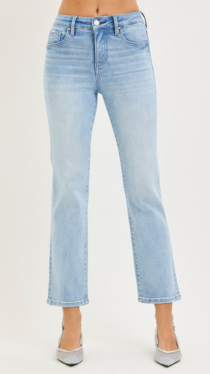 High Rise Light Wash Tummy Control Crop Straight Jeans