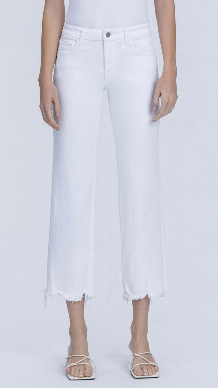 Mid Rise White Uneven Frayed Hem Cropped Straight Jeans